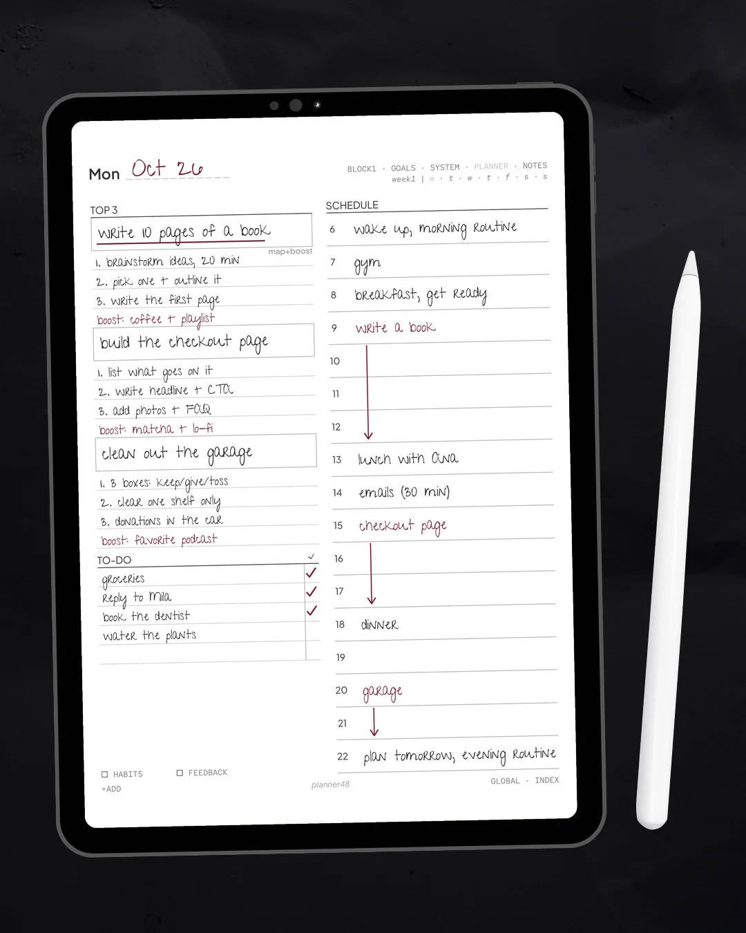 planner48 daily page with map + boost on an iPad